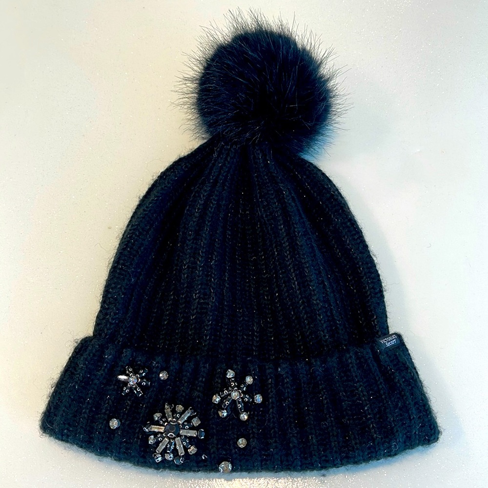 Victoria's Secret knit black rhinestone beaded pom-pom winter hat